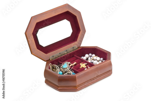 Open box. Jewels inside. Isolated on white with clipping path..