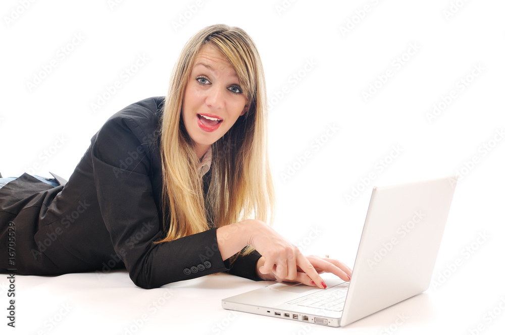 one young girl work on laptop isolated on white one young girl work on laptop isolated on white