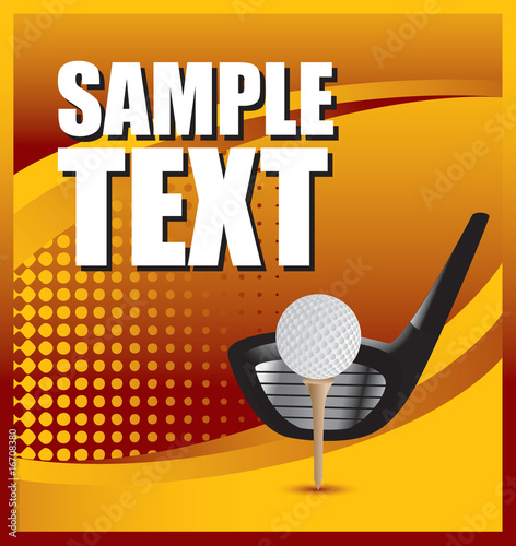 Golf ball on tee with club on gold halftone banner