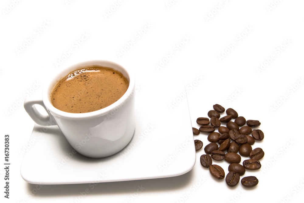 Cup of coffee and grains on a white background Cup of coffee and grains on a white background
