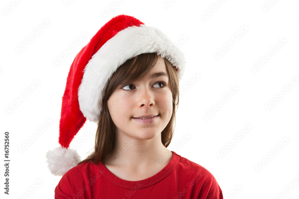 Girl wearing Santa Claus hat isolated on white Girl wearing Santa Claus hat isolated on white