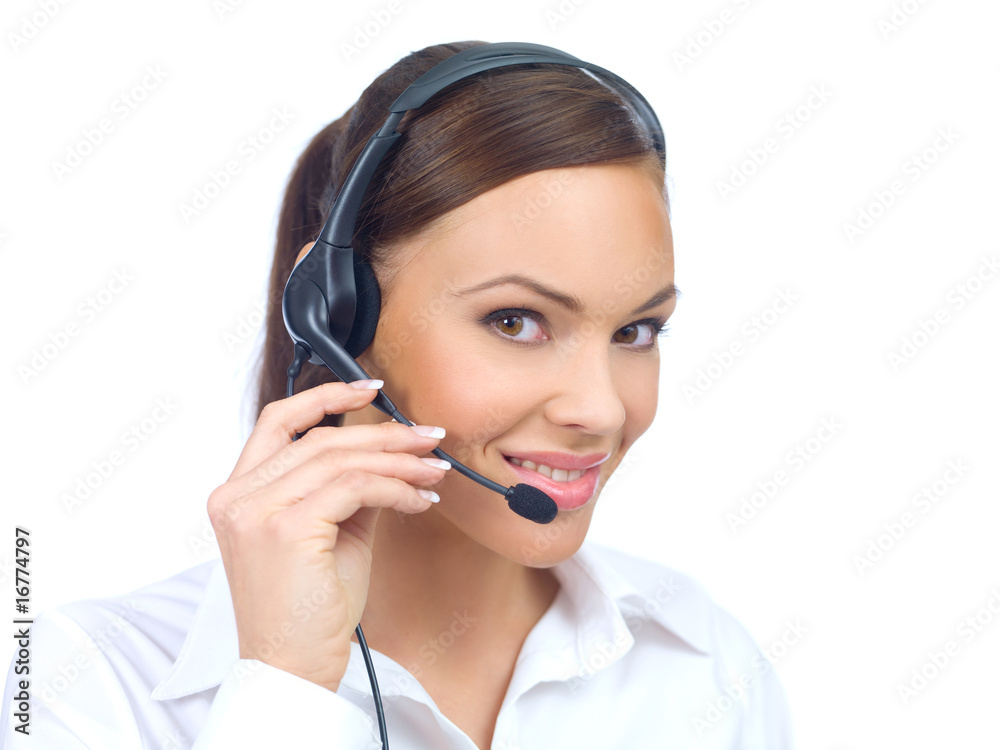 Beautiful girl is using headset, isolated on white Beautiful girl is using headset, isolated on white