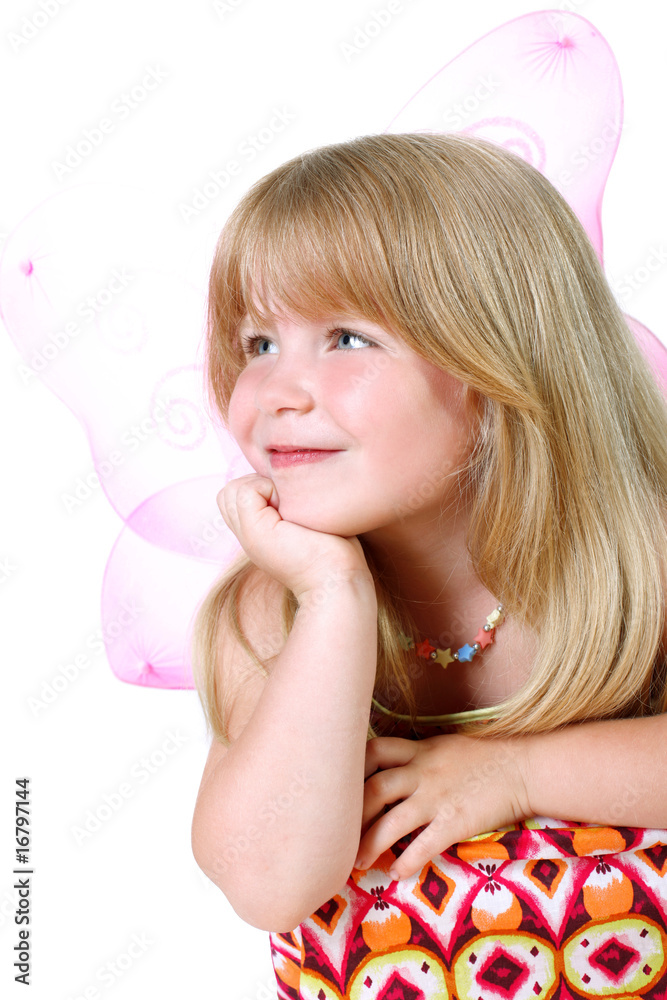 dreaming girl with pink butterfly wings isolated on white dreaming girl with pink butterfly wings isolated on white