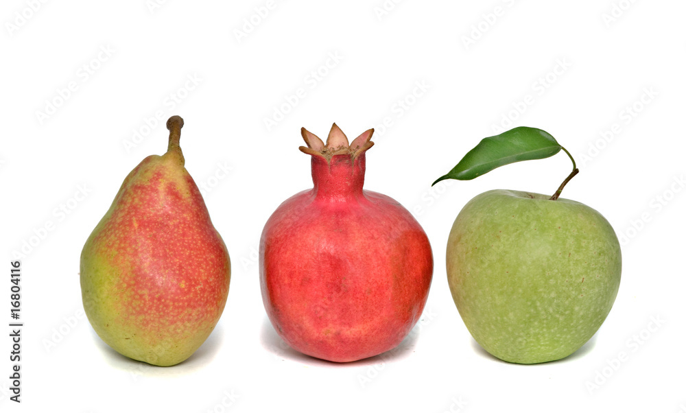 apple, pomegranate, and pear isolated on white background