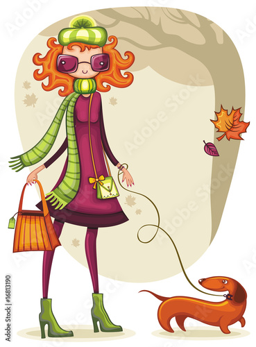 Whimsical shopping girl with dachshund in the autumn park.