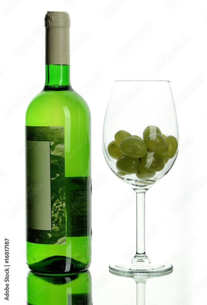 Wine bottle and wineglass with grape