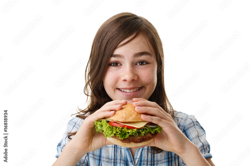 Girl eating healthy sandwich isolated on white background