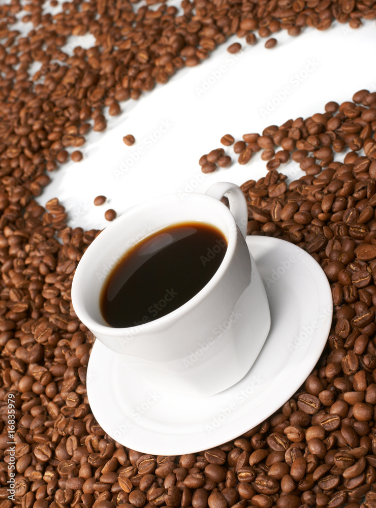 Cup with coffee, costing on coffee grain Cup with coffee, costing on coffee grain