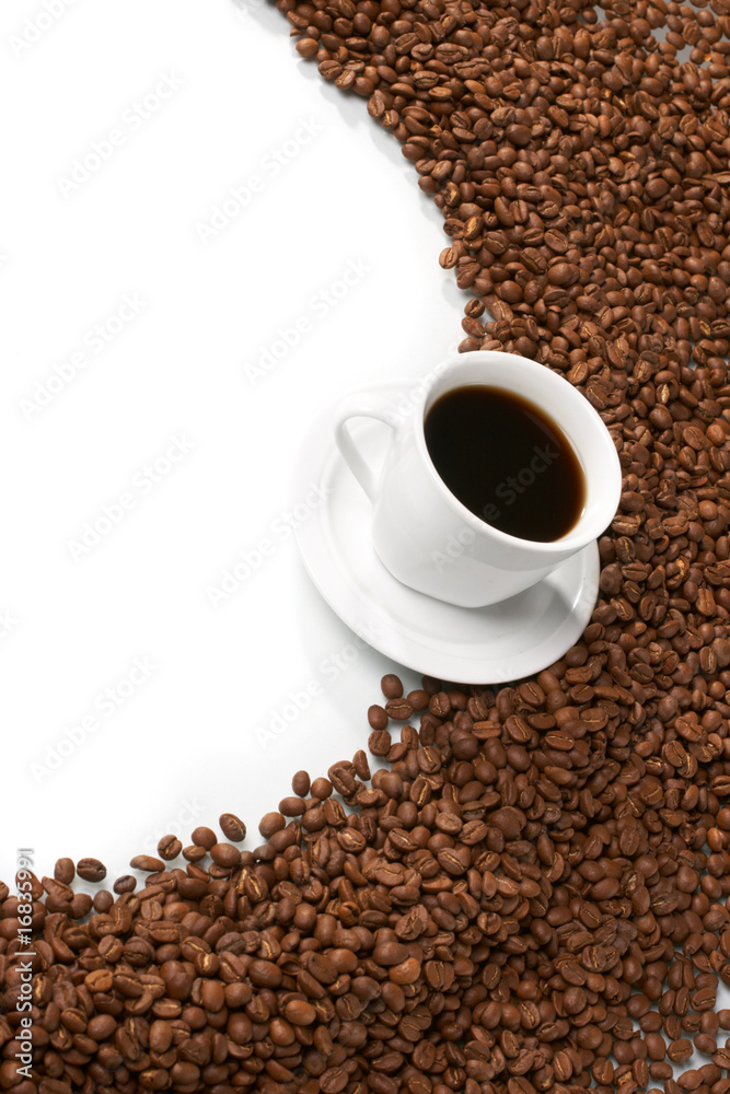 Cup with coffee, costing on coffee grain Cup with coffee, costing on coffee grain