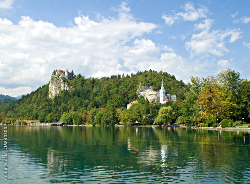 Castle and Church on shore of lake Bled Castle and Church on shore of lake Bled