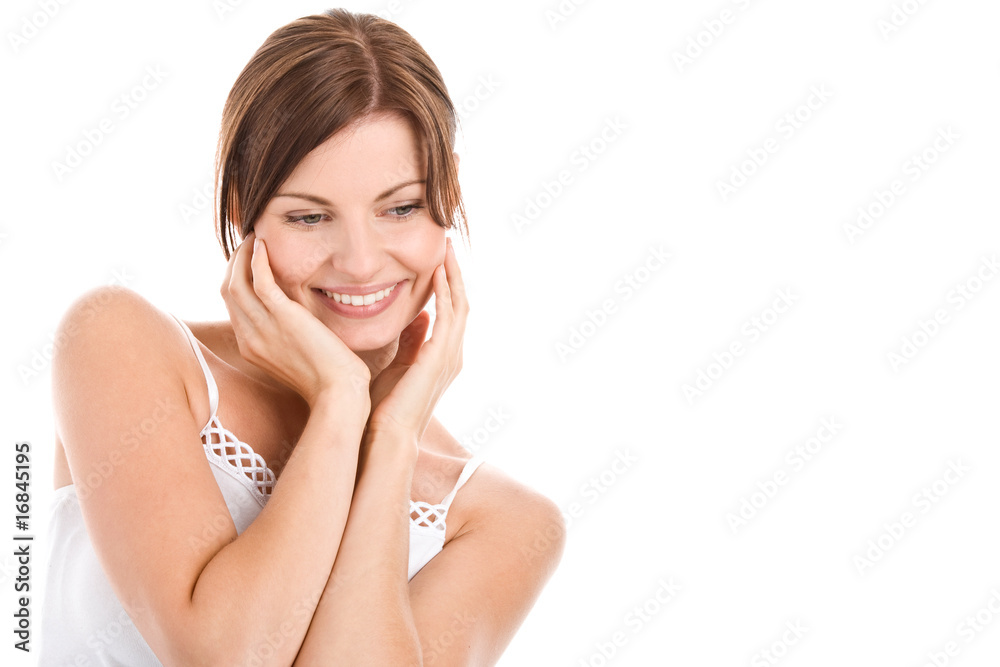 Portrait of beautiful woman touching her face Portrait of beautiful woman touching her face