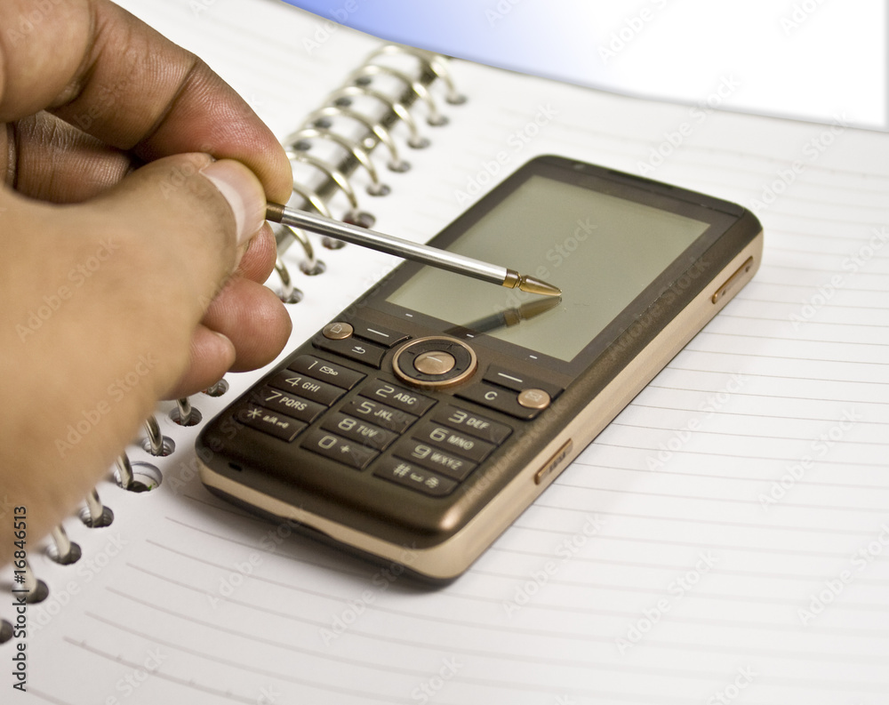 Blank Notebook, Stylus, Mobile Phone, Hand Blank Notebook, Stylus, Mobile Phone, Hand