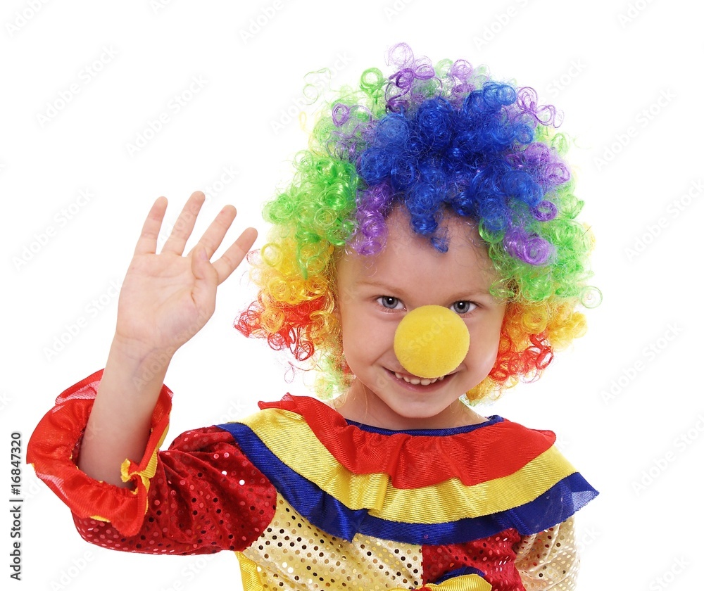 cute little girl in clown costume waving cute little girl in clown costume waving