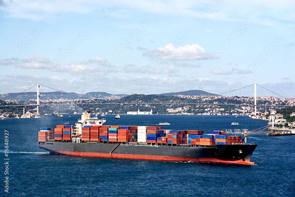 Obraz premium Container ship moving through Istanbul