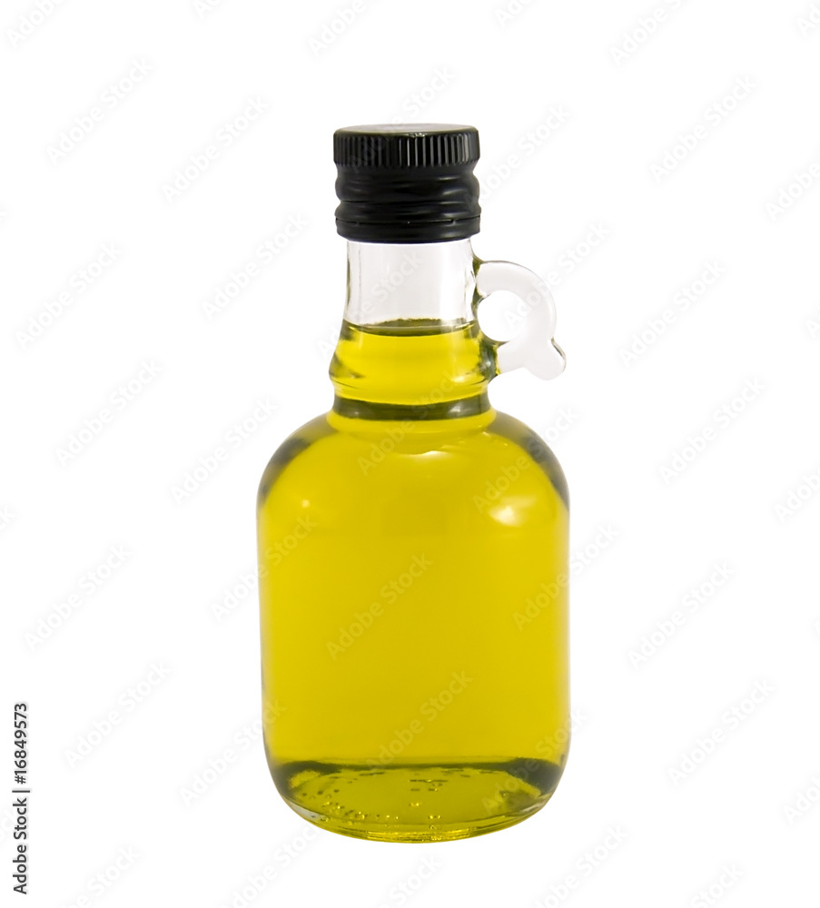 Olive oil in original bottle on a white background close-up