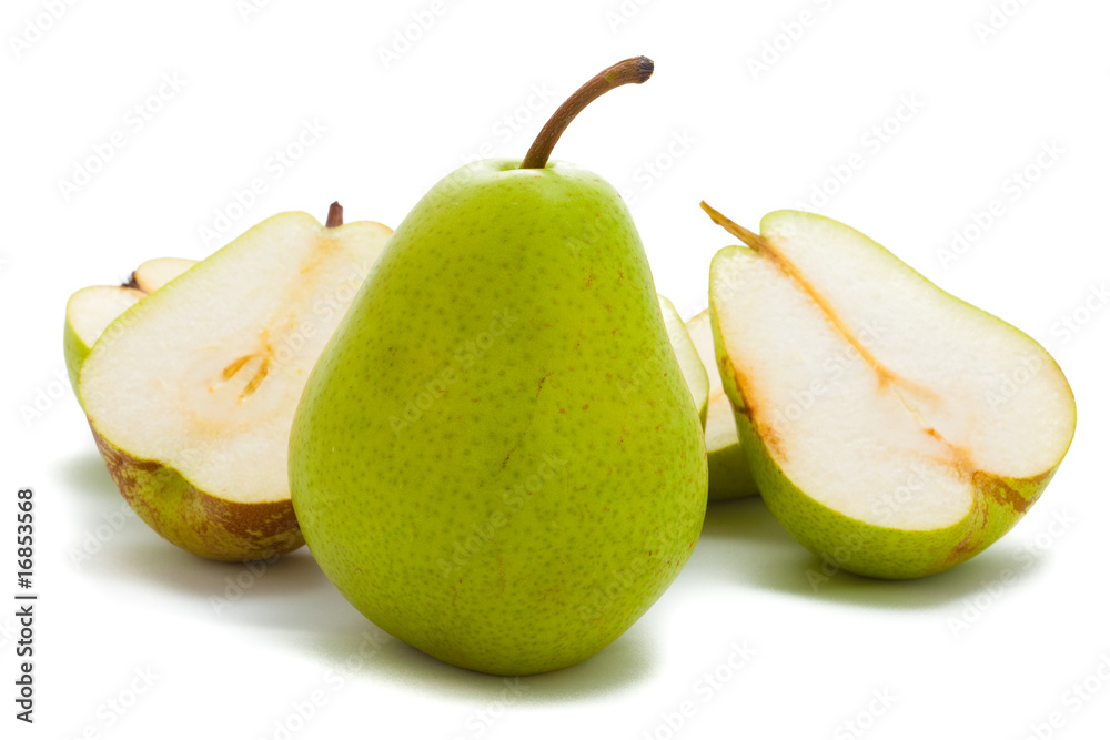 Green sliced pear isolated on white