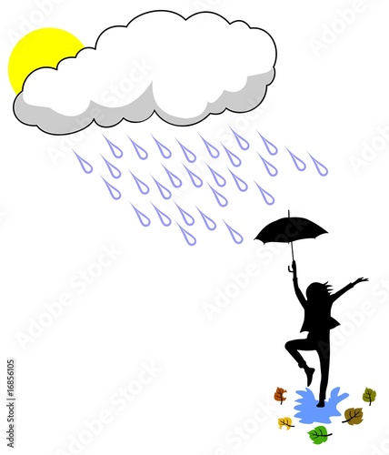 fall scene with dancing on the rain girl silhouette illustration