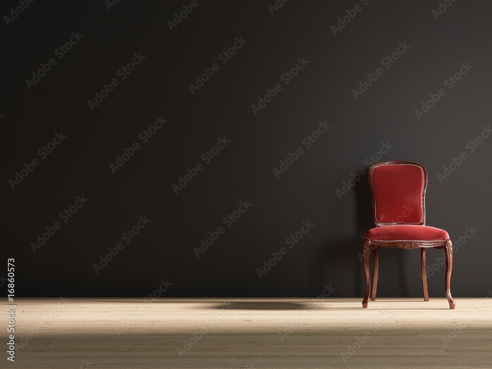 Old red baroque chair to face a blank wall