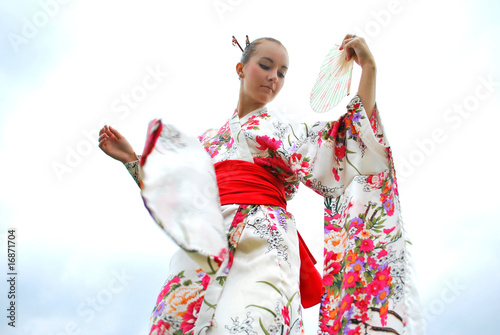 caucasian model dressed up in traditional japanese clothing