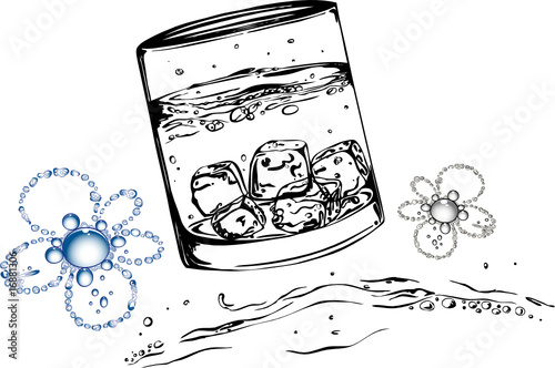 Glas Wasser mit Blumen und Eis