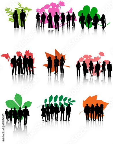 Illustration of various leaves and people