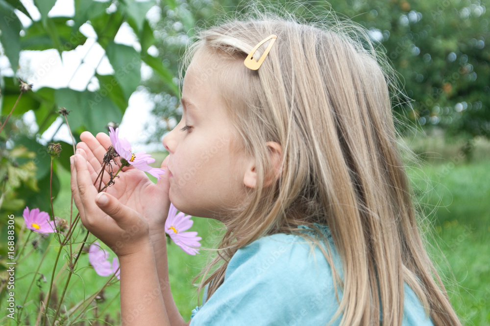 young girl takes the smell of a flower young girl takes the smell of a flower