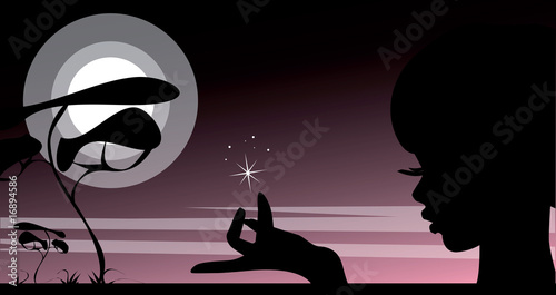 Bilde på lerret Silhouette of Young beautiful woman holding a star on a hand