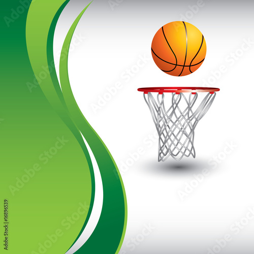 Basketball and hoop on vertical green wave background