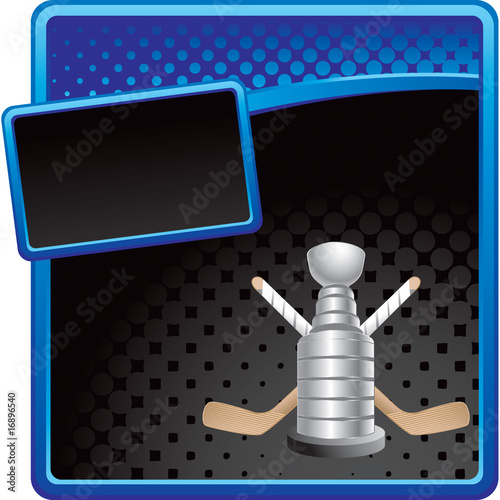 Blue and black halftone hockey stick and trophy advertisement