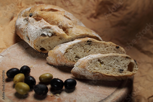 bread with olives close up