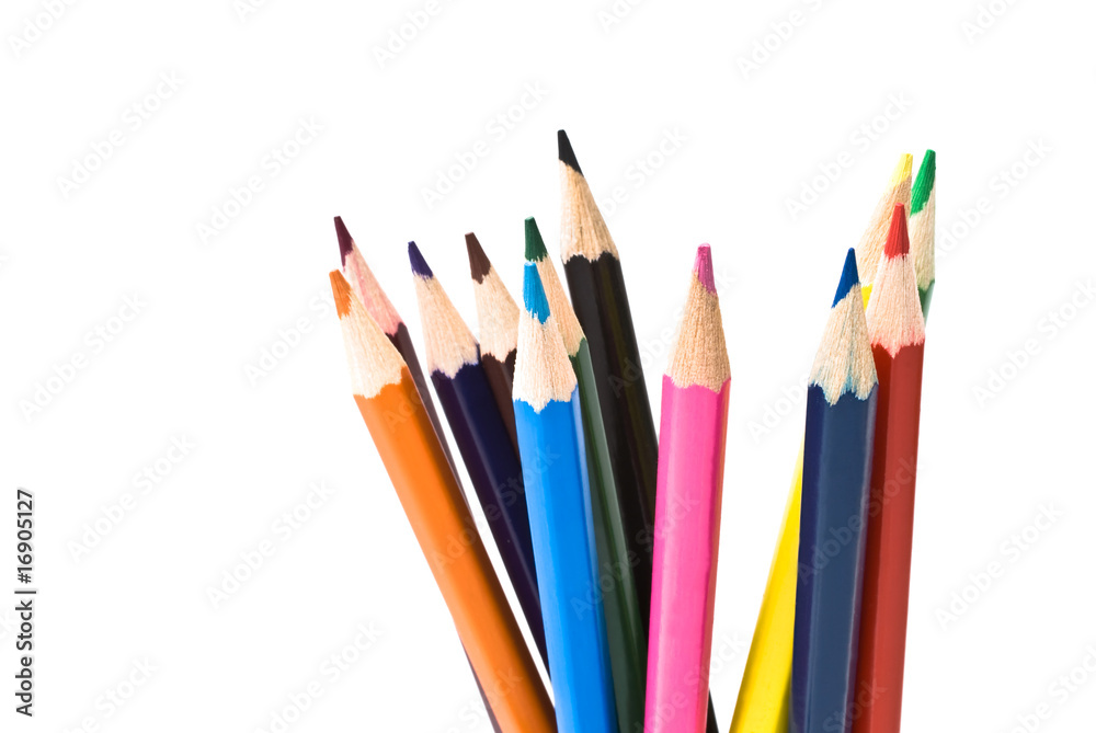 Assortment of coloured pencils with shadow on white background Assortment of coloured pencils with shadow on white background