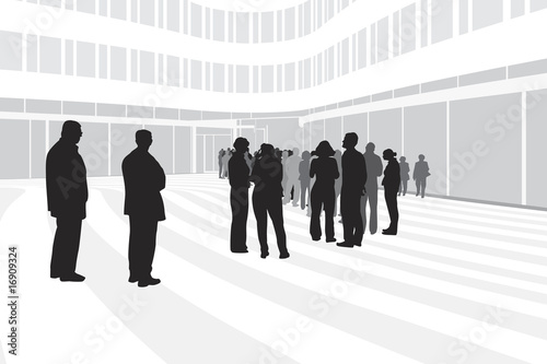 people waiting in line on modern corporate building background