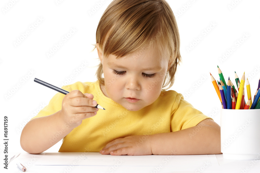 Cute child draw with color crayons Cute child draw with color crayons