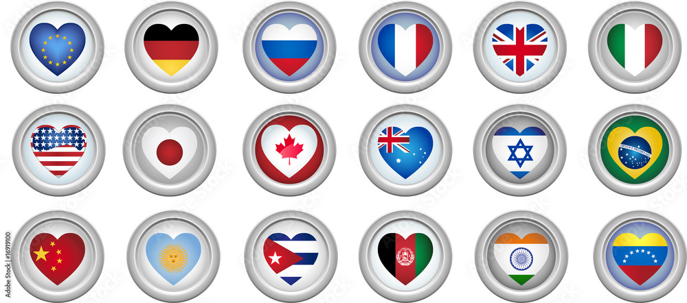 Set of 18 buttons of several countries heart shaped flags Set of 18 buttons of several countries heart shaped flags