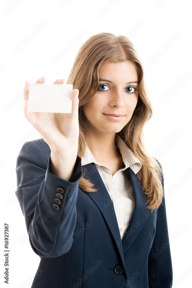 Beautiful woman holding a business card Beautiful woman holding a business card