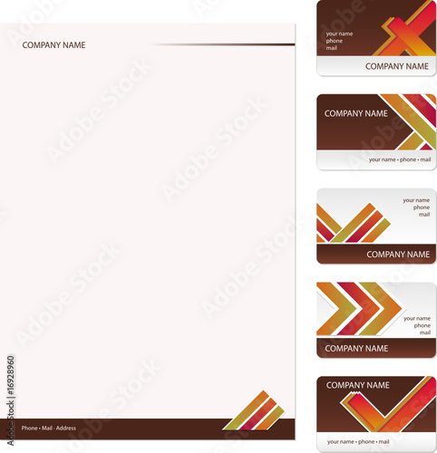 Set of five brown and white business cards and stationery sheet