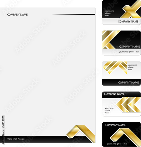 Set of five black vintage business cards and stationery sheet