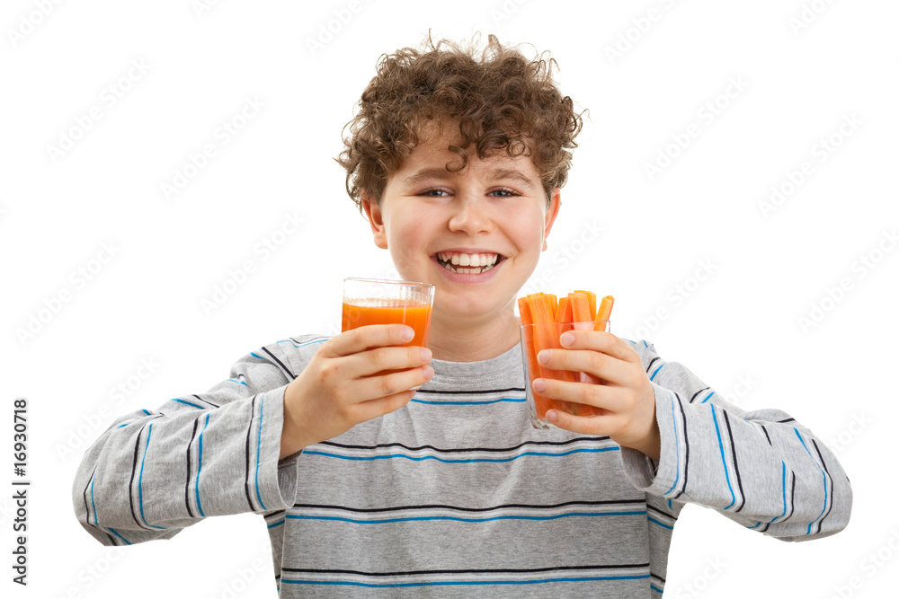 Fototapeta premium Boy and fresh carrots isolated on white background