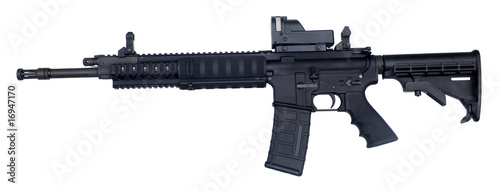 Assault weapon with an large capacity magazine isolated on a white background.  photo