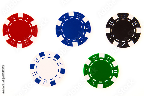 5 casino chips each different color isolated on white