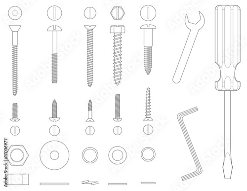 Black and white line illustration of screws and tools