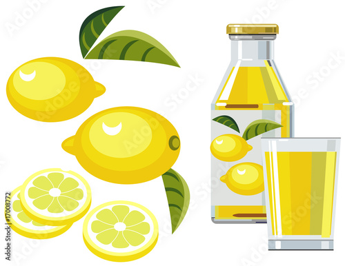 Lemon juice with bottle, glass and lemons