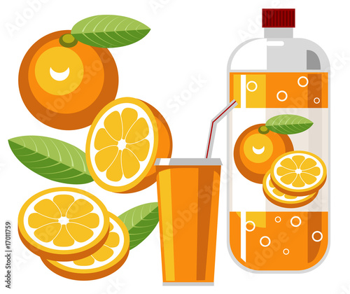 Orange flavored soda with bottle, cup, straw and oranges