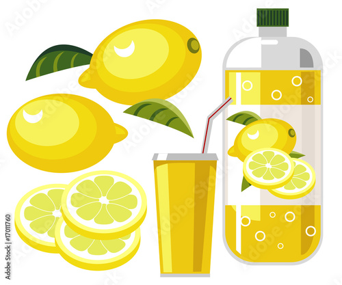 Lemonade with bottle, cup, straw and lemons