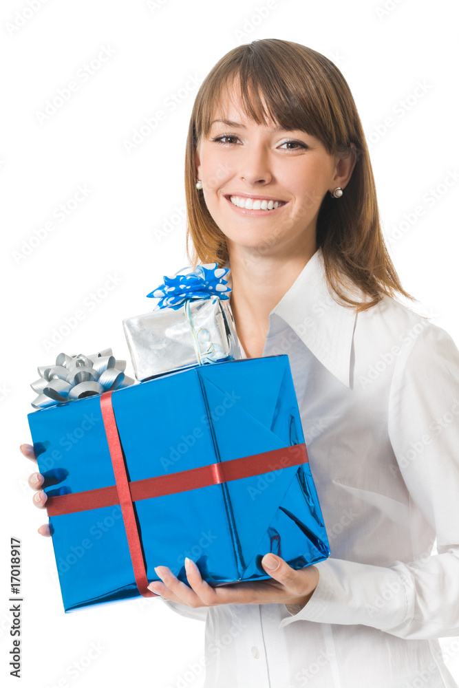 Young happy smiling businesswoman with gifts, isolated Young happy smiling businesswoman with gifts, isolated