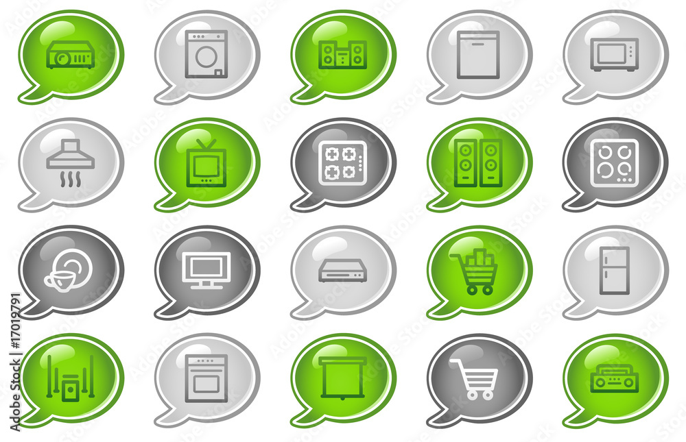 Home appliances web icons, green and grey speech bubble series