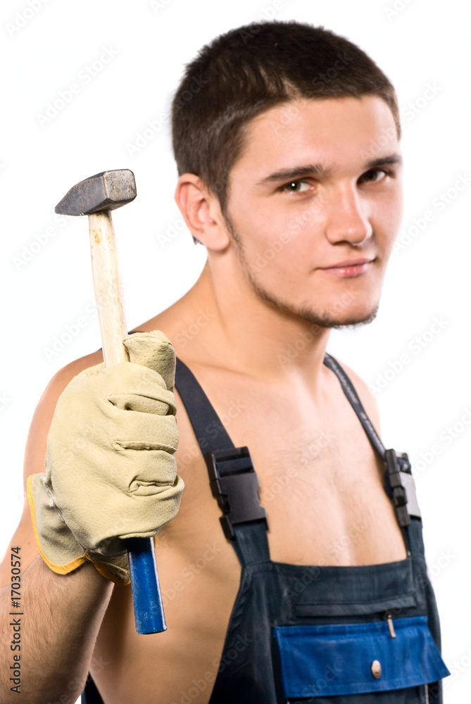 Worker with hammer isolated on white Worker with hammer isolated on white