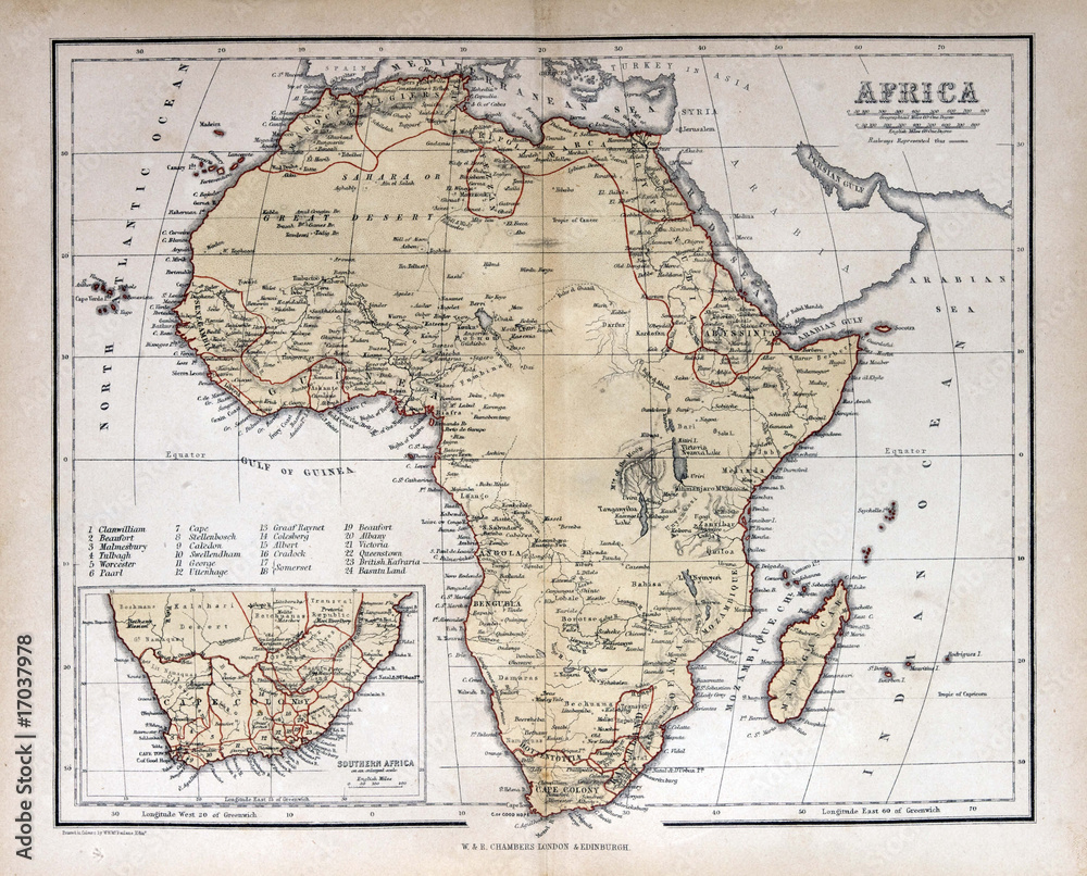 Old map of Africa, 1870