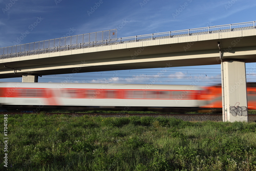 Fototapeta premium Fast train passing under a bridge