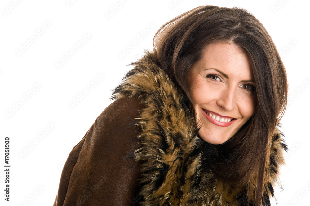 Portrait of attractive woman wearing sheepskin smiling Portrait of attractive woman wearing sheepskin smiling